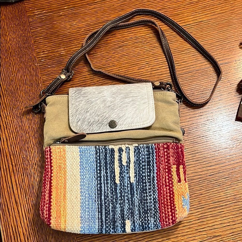 Myra Bag Tan,Red and Blue Crossbody with calf hair Bohemian Style